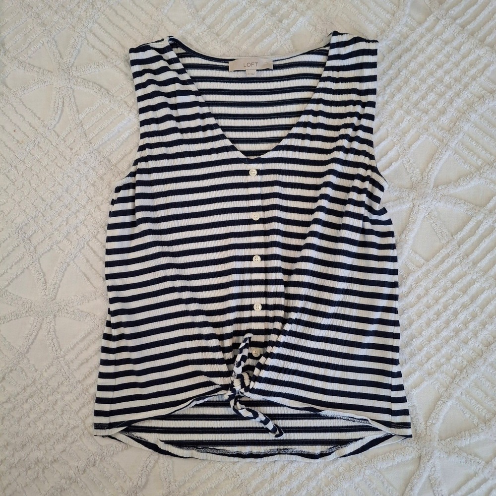 LOFT Womens Small Tank Top Navy Blue Striped Tie Front‎ V-Neck Ribbed Button Up